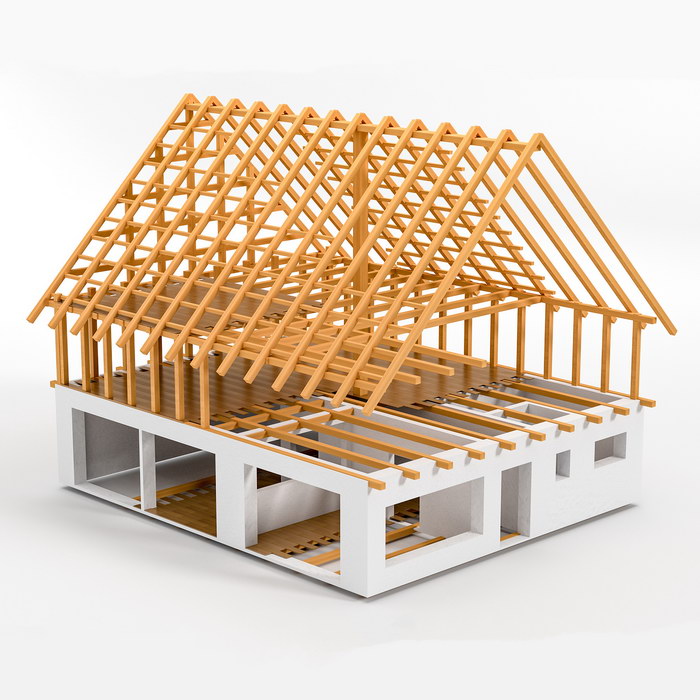 Gebäude mit Wänden, Fenstern, Türen und Dachgebälk in 3D